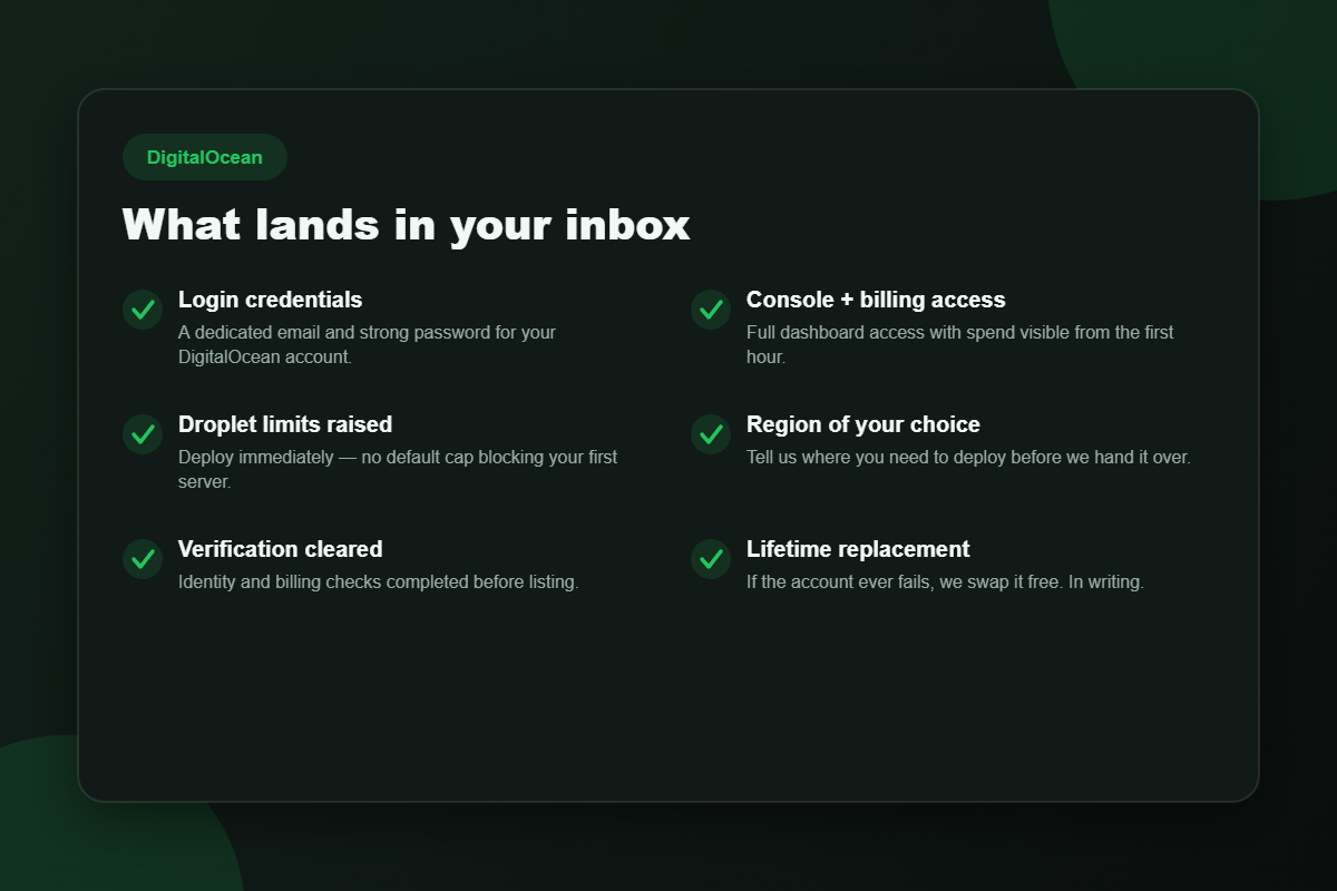 What you receive when you buy a verified DigitalOcean account